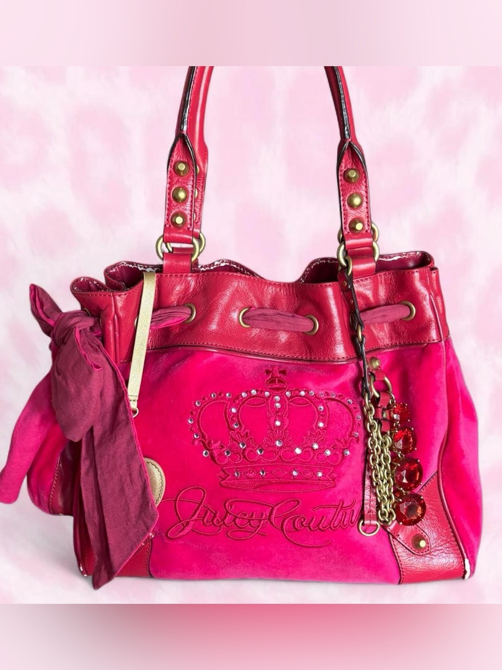 Vintage Juicy Couture Hot Pink Crown-Embellished Shoulder Daydreamer Bag